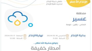 المركز الوطني للأرصاد الجوية في المملكة يعلن حالة الطقس اليوم الجمعة 17 مايو 2024 وإنذار أصفر على عسير والرياض